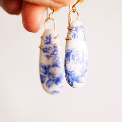 Blue and White Porcelain Torii Earrings