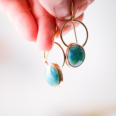 Turquoise Glazed Porcelain - Bezel Dangle Earrings