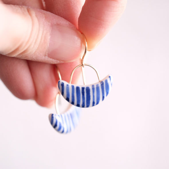 Blue Striped Crescent Earrings