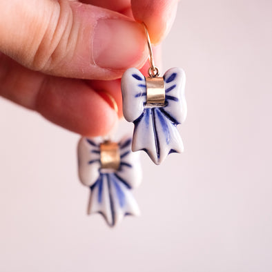 Blue and White Bow Earrings