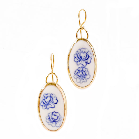 Blue and White Floral Carved Earrings