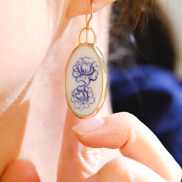 Blue and White Floral Carved Earrings