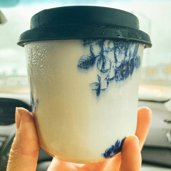 blue and white travel mug