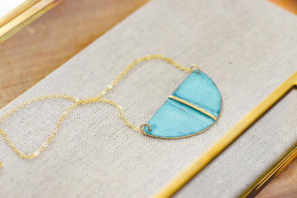 Patina Shield Necklace - Forged and Oxidized Brass Summer Jewelry